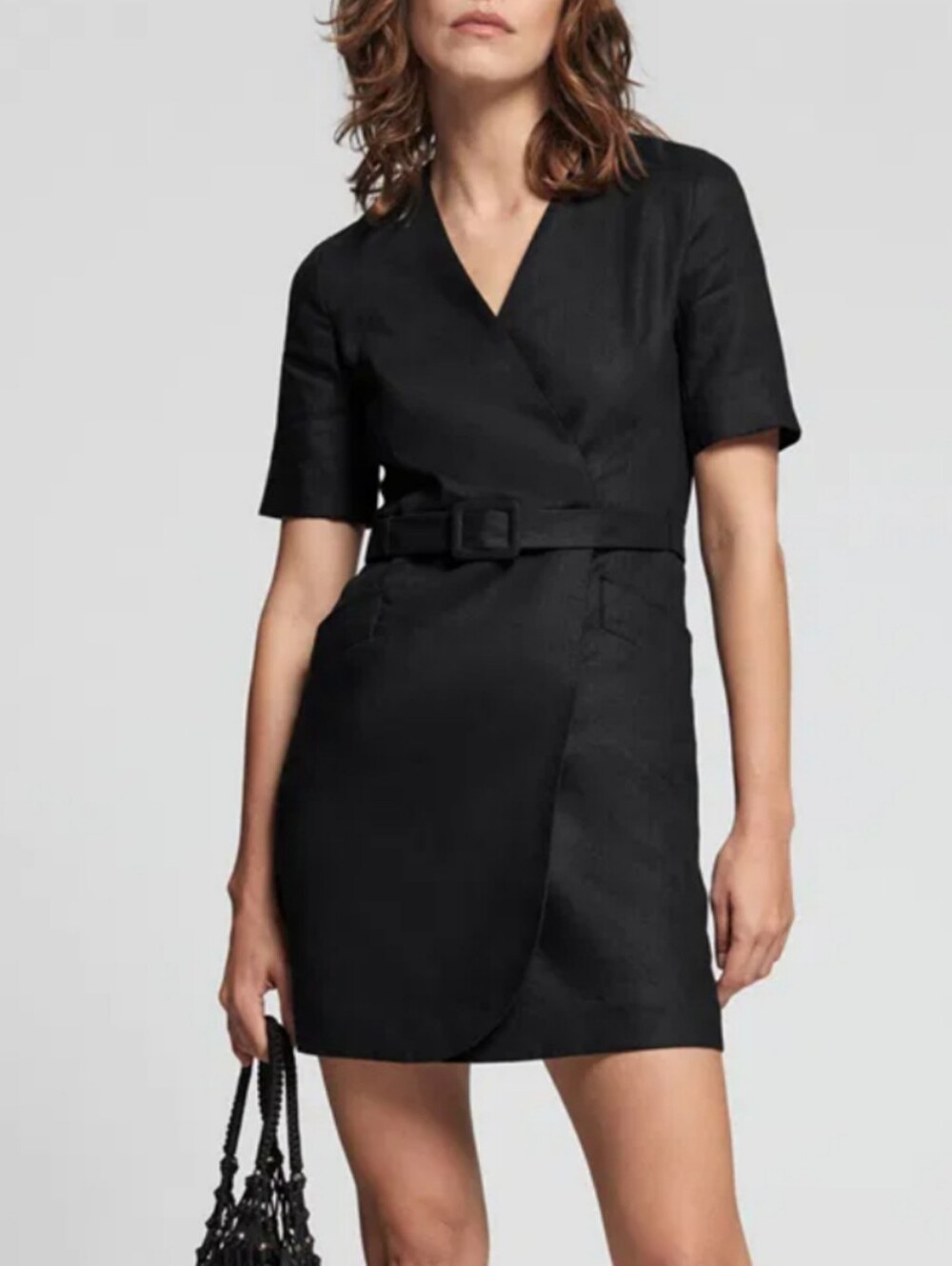 & Other Stories Black Linen Wrap Utility Mini Dress Size 8 Minimalist Chic NWT